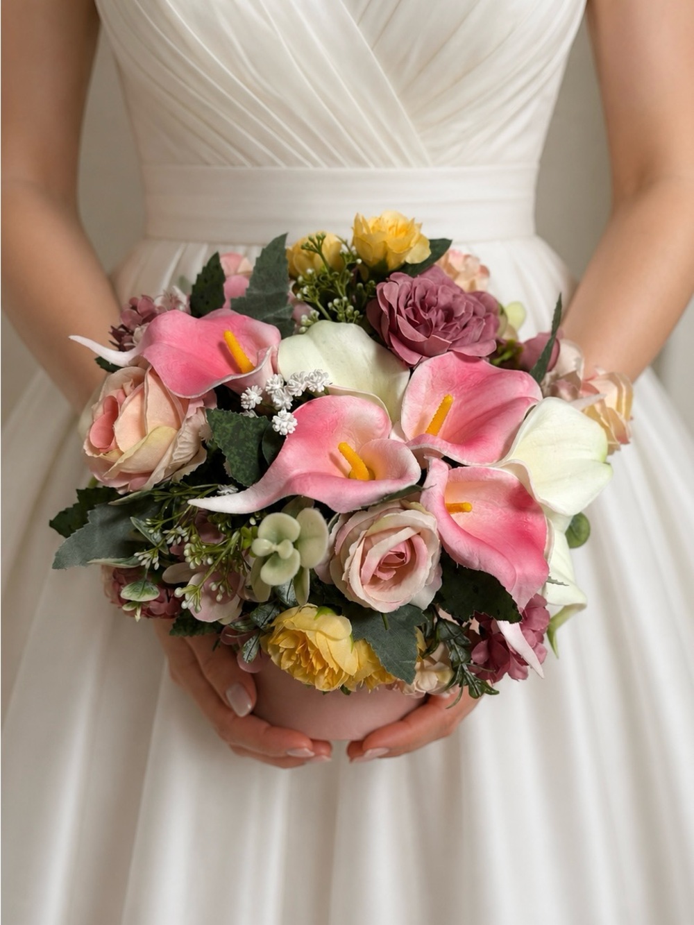 Handmade Pink Calla Lily & Rose Floral Arrangement – Wedding Bridal Home Decor